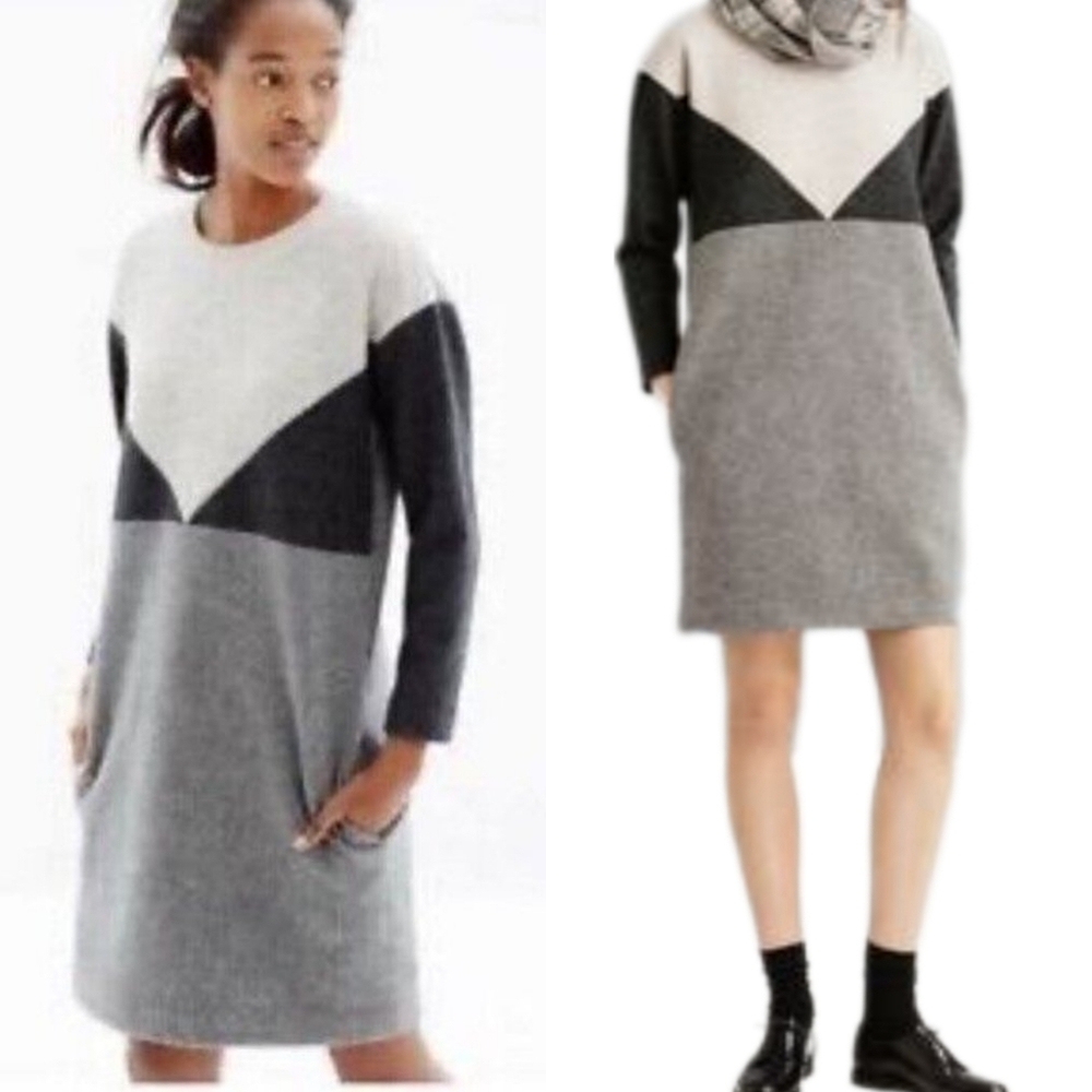 Madewell Wool Blend Geo Tilt Grey Colorblock Shift Dress with Pockets